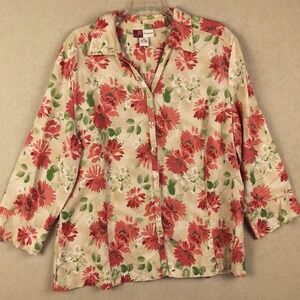JM Collection Linen Floral Button Up Blouse Women's 18 Red Cottagecore Teacher